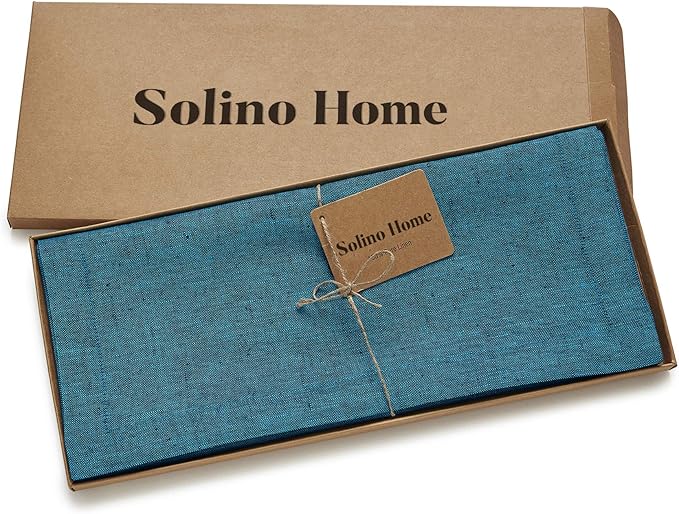 Solino Home Linen Table Runner 90 Inches Long - Athena, 100% Pure Linen Chambray Teal Table Runner 14 x 90 Inch for Dining, Spring, Easter, St Patricks Day