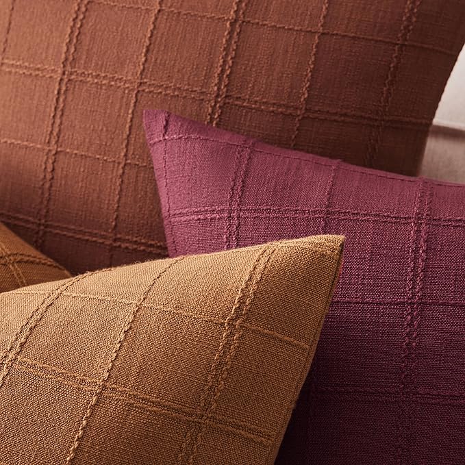 ZeeMart Linen Checked Throw Pillow Covers Set of 2, 22x22 Inch Allover Grid Caramel, Farmhouse Decorative Double Sided Grid Embroidered Couch Pillow Cases Burnt Orange Cotton Linen Cushion Covers ﻿