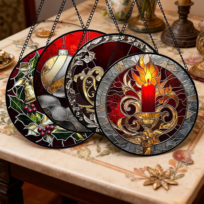 Stained Glass Window Hanging 4 Pcs Set Christmas Golden Bell Sleigh 9.8" - Suncatcher Door Garden Sun Catcher Decor Birthday Mother's Day Xmas Gifts for Mom Woman Nana Men Parents