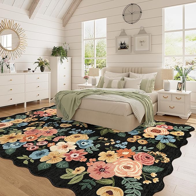 DUKINO 6x9 Area Rug, Floral Washable Rugs for Living Room with Non Slip Backing & Non-Shedding, Lightwight Low Pile Boho Design Large Carpets for Bedroom, Living Room, Dining Room, Black