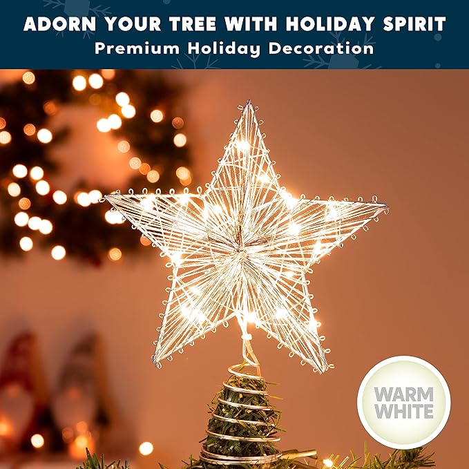 Joiedomi Christmas Star Tree Toppers Silver, 8" Metal Treetop Ornaments Battery Powered with Warm White LED Lights for Xmas Decorations Indoor, Holiday Party Decor