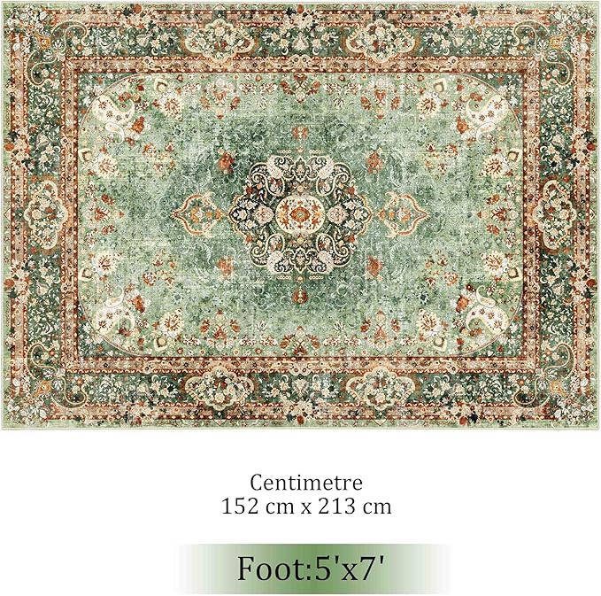 5x7 Area Rugs Washable,Green Rug for Living Room Bedroom Kitchen,Large Boho Vintage Bohemian Distressed Oriental Carpet Non Slip