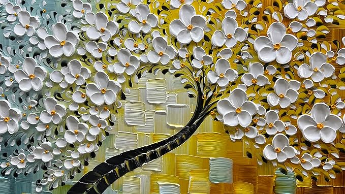 YaSheng Art-Handmade White Flower Contemporary Art Oil Painting On Canvas 3D Texture Abstract Tree Paintings Modern Home Bedroom, Dining Room, Wall Art Decor Ready to Hang20x40inch