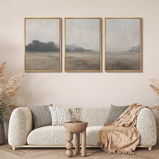 MUDECOR Framed Wall Art Print Set Serene MeadowTranquil Landscape with Foggy Fields and Distant Trees Illustrations Realism Decorative for Living Room, Bedroom, Office - 16"x24"x3 Natural