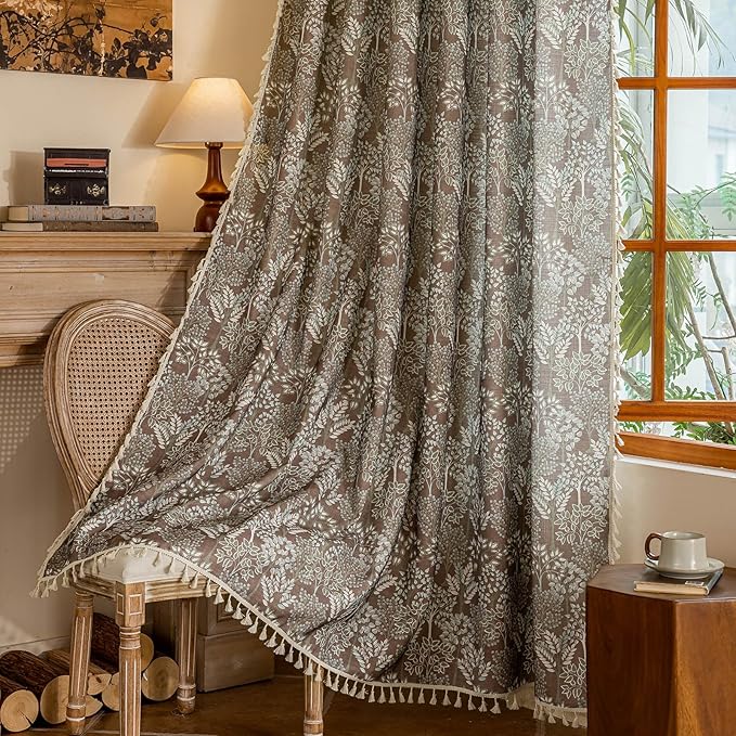 OYX Floral Curtains 96 Inch Length 2Panels for Living Room, Bedroom Light Filtering Drapes, Farmhouse Vintage Country French Tassels for Boho Pattern Rod Pocket Aesthetic Home Decor Window Treatments