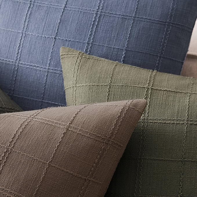 ZeeMart Linen Checked Lumbar Throw Pillow Covers Set of 2, 12x20 Inch Allover Grid Cocoa Brown, Farmhouse Decorative Double Sided Grid Embroidered Couch Pillow Cases Brown Cotton Linen Cushion Covers