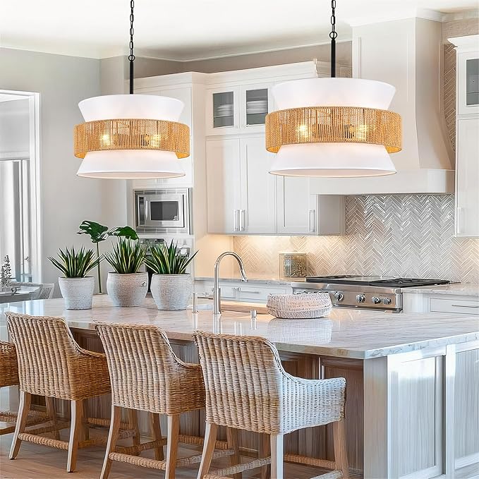 4 Lights Rattan Drum Chandelier - 20" Adjustable Boho Pendant Light with White Fabric Shade, Modern Wicker Chandeliers for Dining Room, Living Room, Kitchen, Bedroom