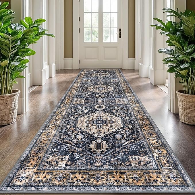 KOZYFLY Long Runners for Hallways 2.6x10 Ft Washable Kitchen Boho Runner Rug for Entryway Indoor Gold Navy Printed Faux Wool Stair Runner Floor Carpet Runner for Stair Kitchen Hall