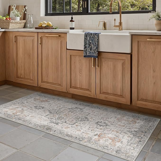 Runner Rug 2'6''x5 Non Slip Machine Washable Vintage Hallway Runner Rug, Low Pile Lightweight Rugs for Entryway, Hallway, Kitchen and Corridor, Light Taupe Brown