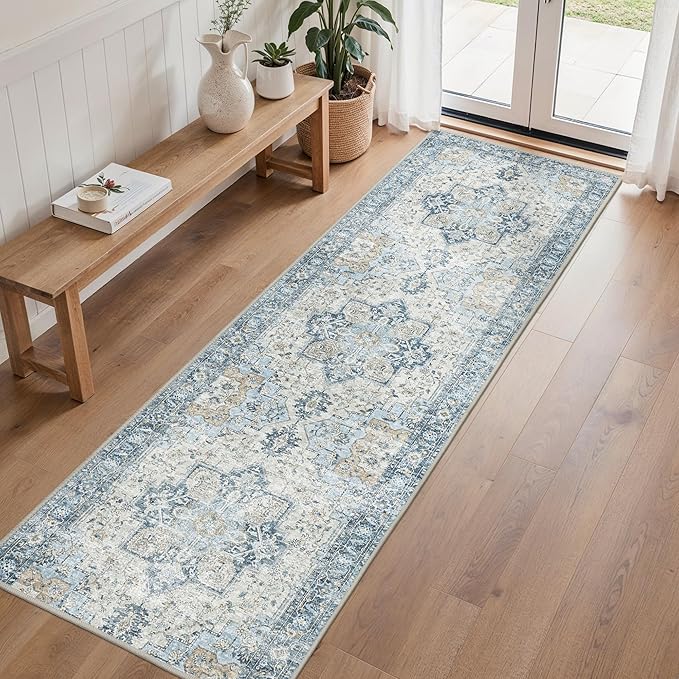 Runner Rug 2'6''x8, Non Slip Vintage Hallway Runner Rugs, Low Pile Lightweight Machine Washable Mat for Hallway, Entryway, Bedroom, Kitchen and Corridor, Blue