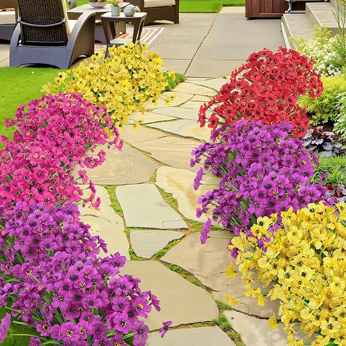 Ouddy Decor 24 Bundles Artificial Flowers for Outdoors Fake Silk Flowers UV Resistant Faux Plastic Plants for Indoor Outdoor Vase Box Garden Porch Window Box Home Spring Summer Decor, Multicolor