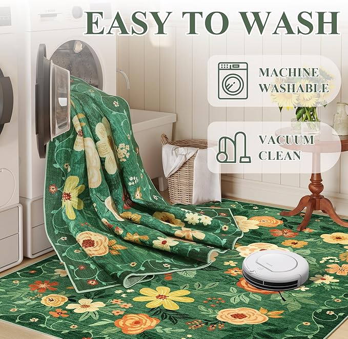 DUKINO 6x9 Area Rug, Floral Rugs for Living Room, Lightweight Non Slip Washable Rug, Indoor Low Pile & Non-Shedding Boho Design Rugs for Bedroom, Living Room, Dining Room, Dark Green