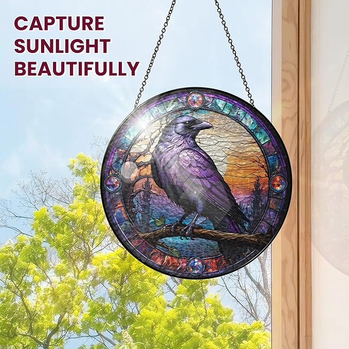 FLAGWIX Christmas Raven Decor - Crow Stained Glass Window Hanging 10 in - Black Crow Sun Catchers Indoor Window for Gothic Home Decor, The Raven Gifts for Women Friends Family, Christmas Decorations