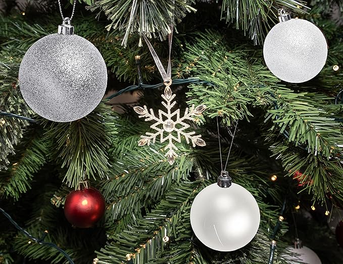 100 Silver and White Christmas Ornament Balls Shatterproof + 100 Metal Ornament Hooks, Hanging Ornaments for Indoor/Outdoor Xmas Christmas Tree, Holiday Party Home Décor 1.2" 1.6" & 2.4"