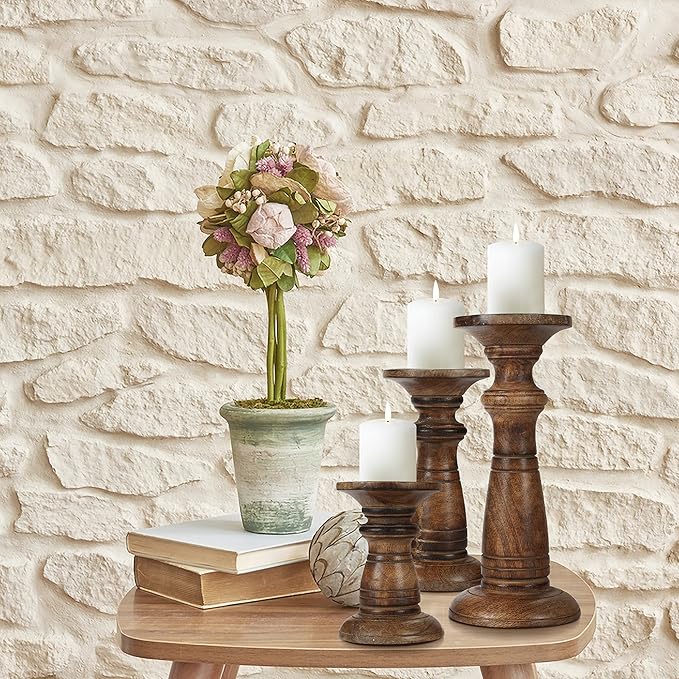 Hand Crafted Wooden Pillar Candle Holders Set of 3, Ideal for LED and Pillar Candles, Gifts for Wedding, Christmas, Party, Home, Spa, Reiki, Aromatherapy, Votive Candle Gardens - 10, 8, 6 Inch - Burnt