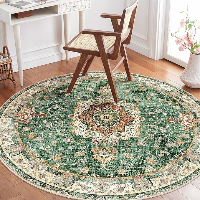 Green Round Rug 4ft,Circle Washable Area Rugs for Bedroom Bathroom Entryway Kitchen,Small Boho Vintage Bohemian Distressed Oriental Floral Carpet Non Slip,Retro Sage Floral