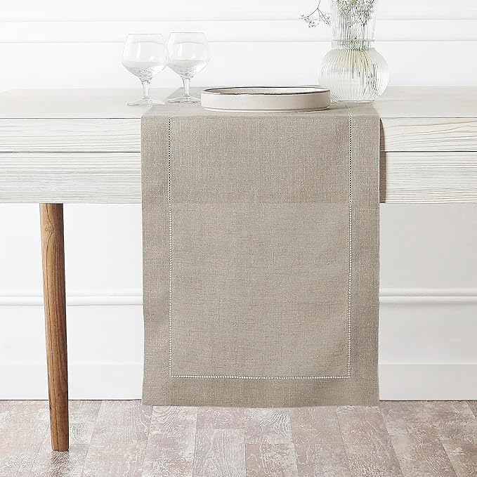 D'Moksha Homes Linen Natural Table Runner 84 Inches Long - 100% Pure Linen Table Runner 14 x 84 Inch for Valentines, Spring, Easter - Classic Hemstitch