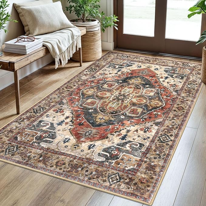 3x5 Washable Area Rug for Entryway, Terracotta Soft Boho Rug with Non-Slip, Low-Pile Vintage Floor Area Rugs for Living Room Bedroom Dining, Dorm Carpet with Non-Shedding