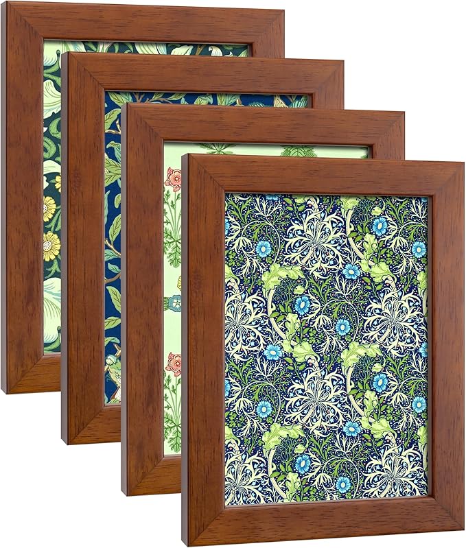 5x7 Picture Frame Set of 4 Made of Solid Wood Photo Frame with Real Glass for Pictures 4x6 with Mat or 5x7 Without Mat, Wall Mount or Tabletop Gallery Photo Frames Brown