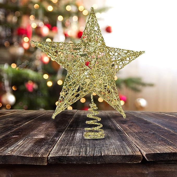 Ornativity Silver Star Tree Topper - Christmas Gold Glitter Sparkle Star Ornament Holiday Decor Top Toppers Xmas Decoration 9"