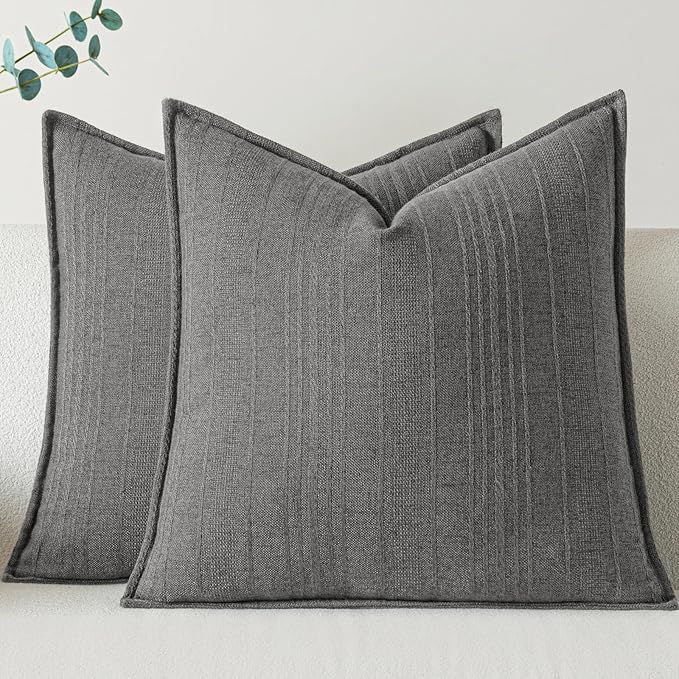 a moment Linen Pillow Covers Set of 2,Boho Farmhouse Throw Pillowcases Neutral Textured Decorative Covers for Couch Sofa,Soft Linen Blend Accent Case Cushion Living Room Home Decor 20"x20"Rustic Gray