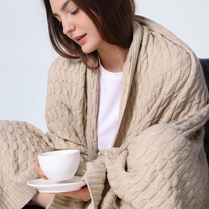 WDCOZY Cable Knit Throw Blanket – Super Soft, Warm & Lightweight Knitted Jacquard Throw Blanket for Couch, Sofa, Bed, Chair, Cozy Texture Farmhouse Decorative Home Blanket, Beige 60x80 inches