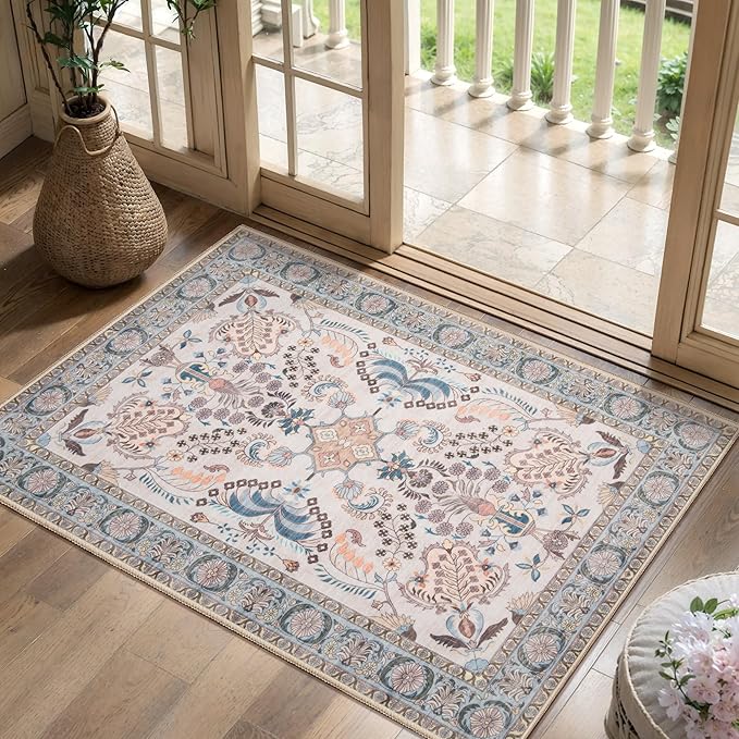 Tangsoo 2x3 Small Rug for Entryway, Washable Area Entry Rug Non Slip, Persian Neutral Low Pile Soft Area Rugs, Indoor Front Door Boho Floral Throw Rugs for Entrance Kitchen Bedroom Bathroom Home Decor