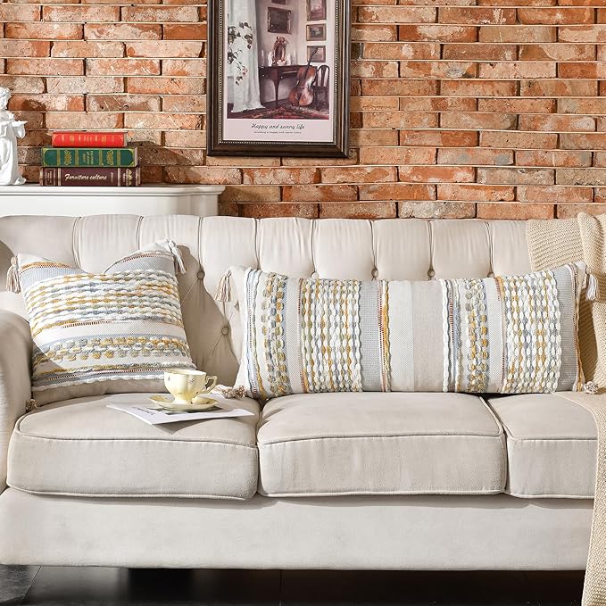 AmHoo Chenille Striped Textured Boho Throw Pillow Covers Aesthetic with Tassels Woven Decorative Pillow Case for Couch Bed Sofa Bedroom Modern Funky 14 x 36-Inch Grey