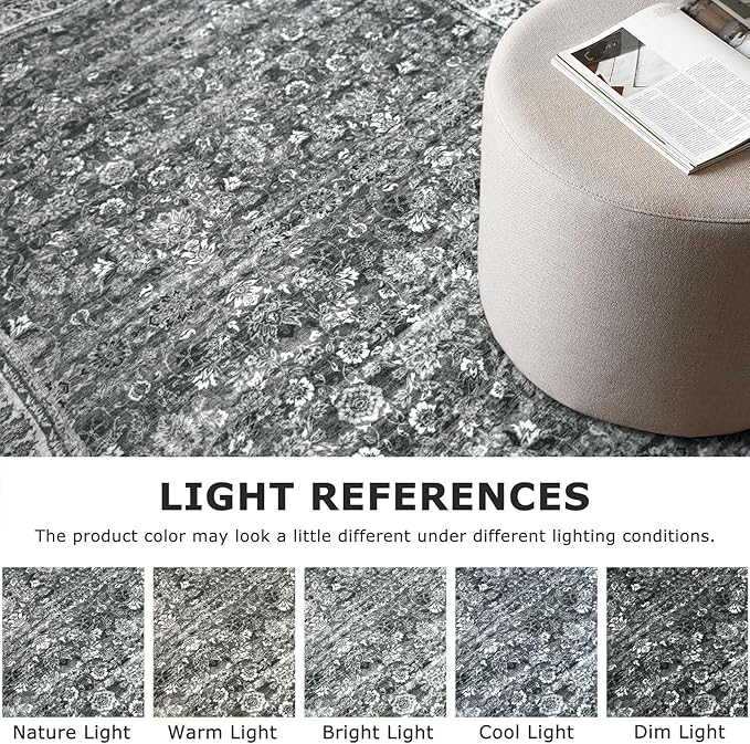 2x6 Runner Washable Rug for Hallways, Moss Charcoal Soft Neutral Vintage Kitchen Rugs with Non-Slip, Non-Shedding Distressed Floral Rug for Entryway Porch Kitchen Bedroom Laundry