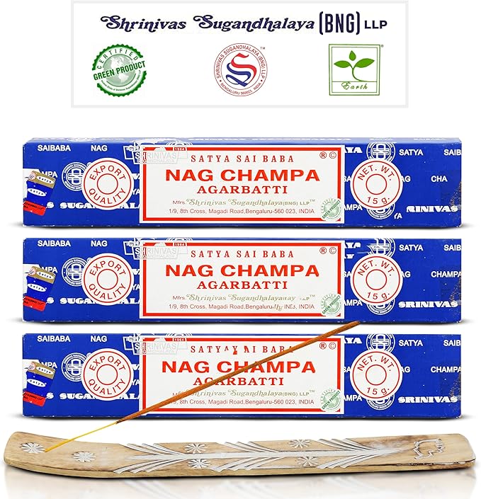 Satya Nagchampa Incense Sticks, Satya Bng (Bangalore) Insenses 15gmx3 Pack (45 GMS) with Raajsee Incence Holder Bundle, Satya Nagchampa Natural Incense