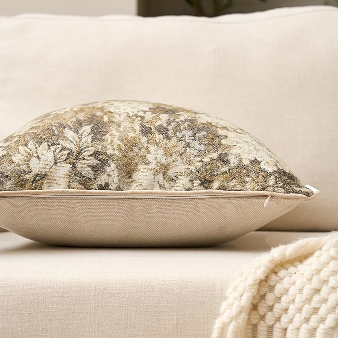 Yangest Neutral Floral Pillow Cover 24 x 24 Inches, Vintage Chenille Square Throw Pillow Cover Soft Decorative Farmhouse Accent Couch Pillow Cover for Living Room Bedroom, Beige