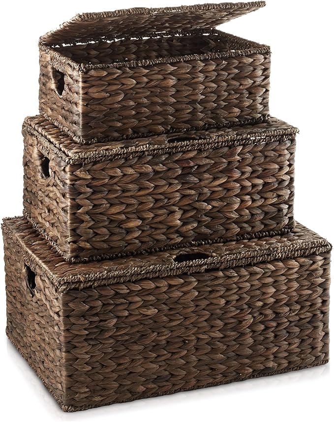 Casafield Set of 3 Water Hyacinth Rectangular Storage Baskets with Lids (Espresso - Small/Medium/Large) for Bedroom, Bathroom, Laundry, Home Office