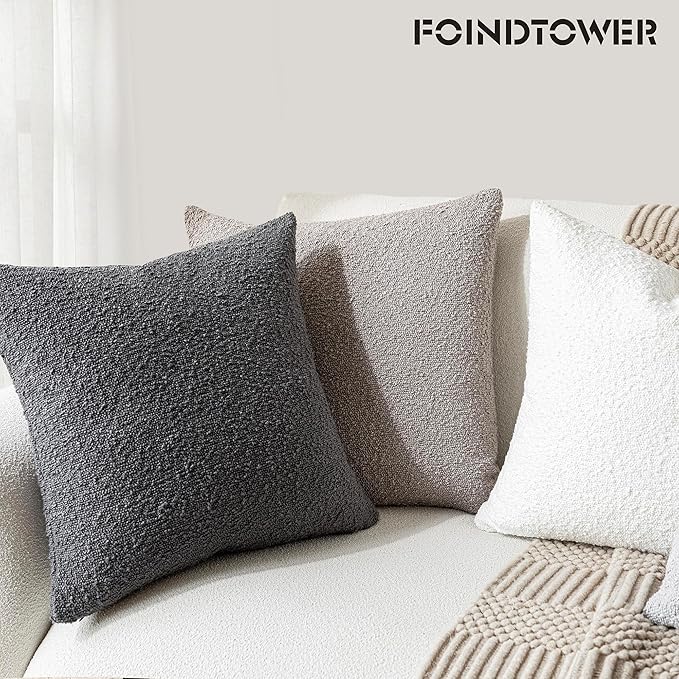 Foindtower Pack of 2 Textured Boucle Throw Pillow Covers Accent Solid Decorative Pillow Cases Cozy Woven Couch Cushion Case for Sofa Bedroom Living Room Home Decor, 20 x 20 Inch,Neutral Grey