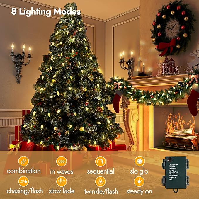WBao C6 Battery Operated Christmas Lights 60 LED 20ft String Lights with 8 Modes, Auto Timer, Waterproof for Indoor Outdoor Christmas Trees, Fence, Stairs Xmas Decorations, Warm White