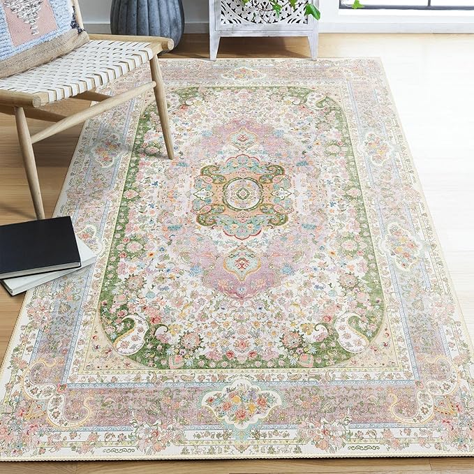 Pink Rug 4'x6.5',Washable Area Rugs for Bedroom Living Room Kitchen Entryway,Small Boho Vintage Bohemian Distressed Non Slip Carpet,Blush Green