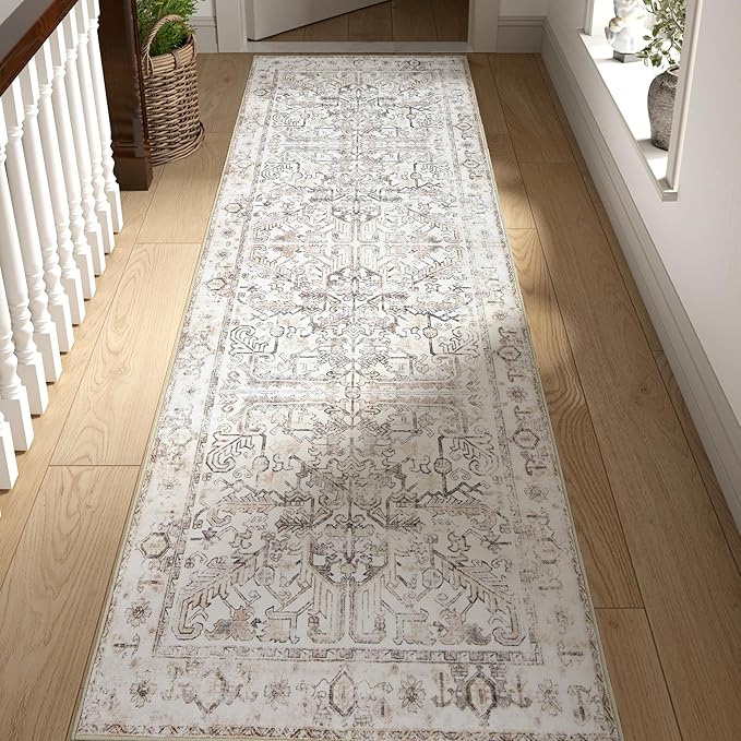jinchan Lima Hallway Runner Rug 2x10 Washable - Vintage Floral Non Slip Low-Pile Soft Ultra-Thin Faux Wool Kitchen Rug Distressed Carpet Runner for Farmhouse Bedroom Laundry (2x10ft, Taupe)