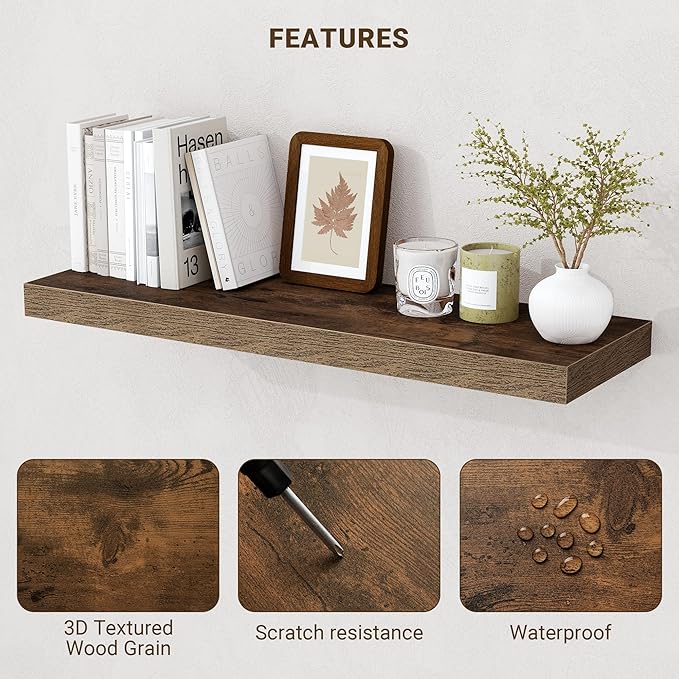 36 Inch Floating Shelves, 36"x9.25"x1.5" Inch Deep Floating Shelves for Wall, Wooden Shelves for Bathroom, Bedroom, Living Room, Brown, 2 Pieces