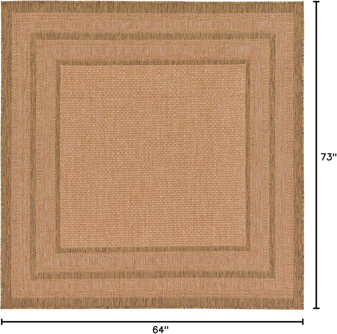 Unique Loom Outdoor Border Collection Area Rug - Multi Border (5' 4" Square, Tan/ Light Brown)