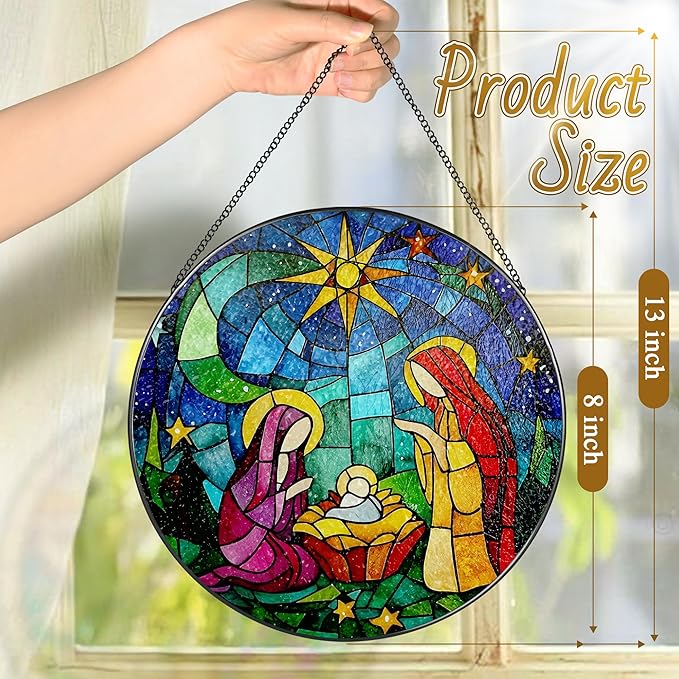 8'' Stained Glass Window Hanging, Nativity Scene Ornament, Religious Ornament, Sun Catcher Window Decor, Christian Holiday Decor, Gifts for Christmas, Christian Gift, Religious Gift