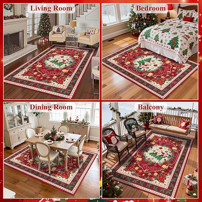 HEBE Christmas Area Rug 5'x7', Non Slip Farmhouse Red Rugs for Living Room, Washable Soft Area Rugs for Bedroom Christmas Low Pile Indoor Floor Carpet for Dining Room Xmas Holiday Decor