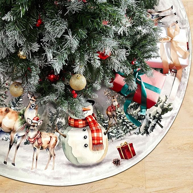 Christmas Tree Skirt 36 Inch,Snowman Reindeer Snowflake Xmas Decor, Winter Christmas Tree Mat for Home Party Holiday Indoor Outdoor Decorations