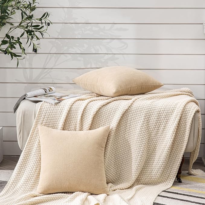 GAWAMAY Decorative Chenille Throw Pillow Covers 24x24 Inch Pack of 2, Soft Square Couch Pillow Cover for Sofa Cushion Living Room Bedroom Solid Dyed Pillowcases Beige 60x60cm (ONLY Covers)