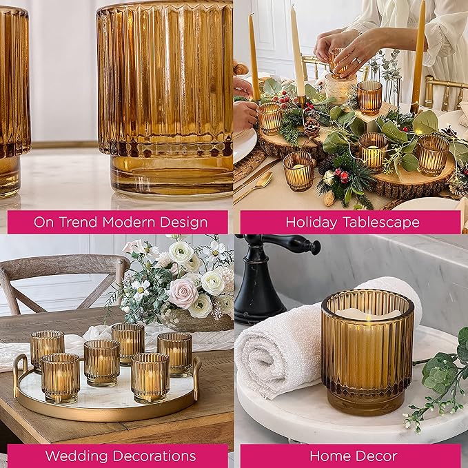 Kate Aspen Vintage Glass Tealight & Amber Votive Candle Holders (Set of 6) – Rustic Fluted Candle Holder Set, Boho Home Decor, Wedding Table Centerpieces, Farmhouse Kitchen Table Decor
