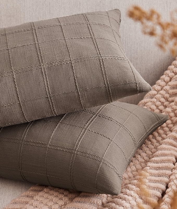 ZeeMart Linen Checked Lumbar Throw Pillow Covers Set of 2, 12x20 Inch Allover Grid Cocoa Brown, Farmhouse Decorative Double Sided Grid Embroidered Couch Pillow Cases Brown Cotton Linen Cushion Covers