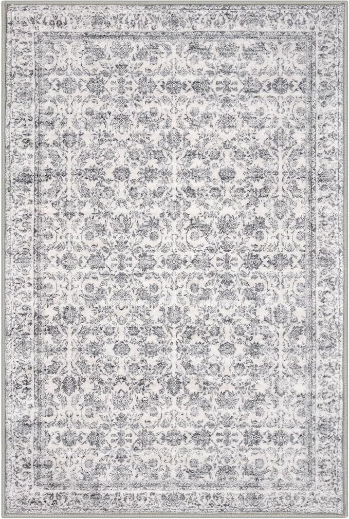 3x5 Washable Area Rug for Entryway, Grey Soft Distressed Floral Rug with Non-Slip, Low-Pile Vintage Neutral Area Rugs for Entryway Nursery Bedroom Dining, Dorm Carpet with Non-Shedding