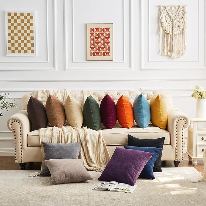 GAWAMAY Decorative Square Throw Pillow Covers 22x22 Inch Set of 2, Super Soft Chenille Pillows Farmhouse Fall Pillowcase for Living Room Bedroom Sofa Couch Cushion Cover Coffee 55x55cm (No Inserts)