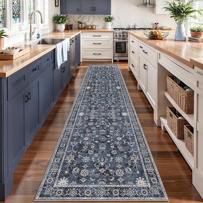 Tangsoo 2x12 Washable Long Runner Rug for Hallway Non Slip, Boho Floral Vintage Carpet Runner Rugs for Entryway Kitchen, Floor Low Pile Runners for Laundry Bedroom Alfombra Blue Black Farmhouse