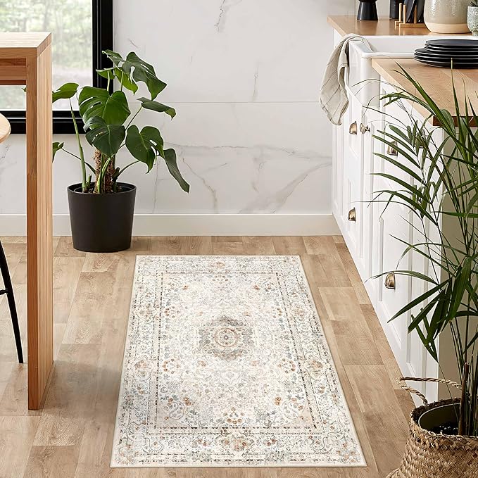 Small Rugs 2x3,Boho Rug for Entryway Bathroom Bedroom Kitchen Entrance Doormat,Vintage Bohemian Distressed Washable Accent Floor Throw Carpet Non Slip,Beige