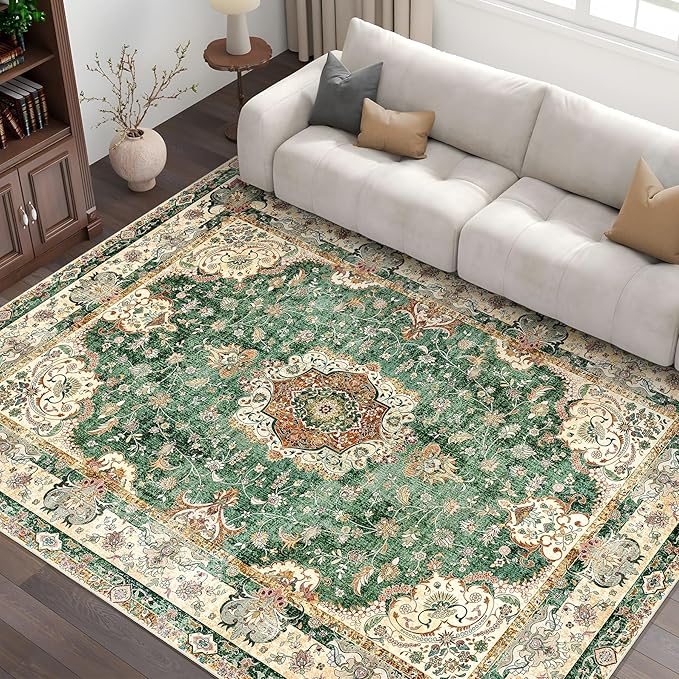 Green Rug 6'x9' Area Rugs,Boho Washable Rug for Living Room Bedroom Dining Room,Large Vintage Bohemian Distressed Oriental Carpet Non Slip,Retro Sage Floral