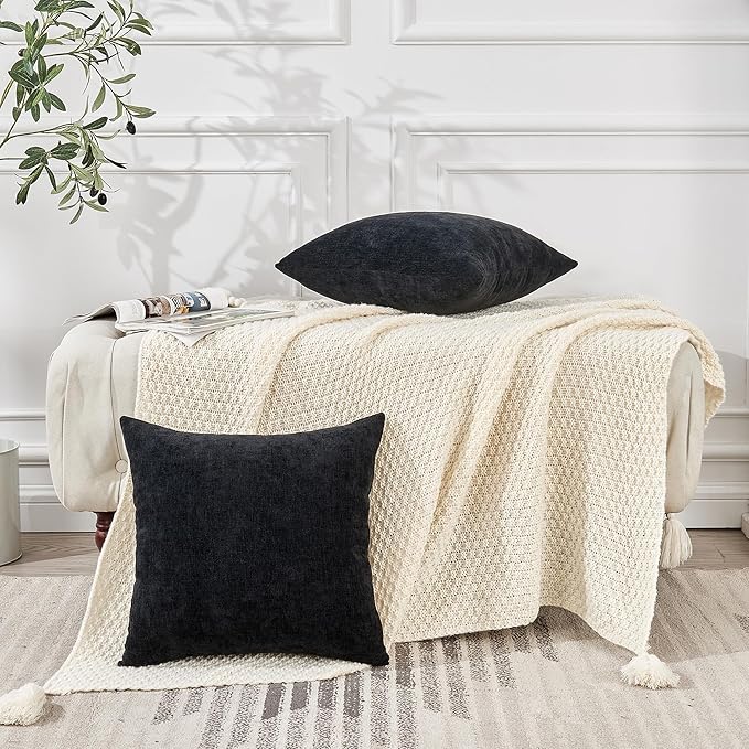 GAWAMAY Decorative Square Throw Pillow Covers 20"x20" Inch Set of 2, Super Soft Chenille Pillows Farmhouse Fall Pillowcase for Living Room Bedroom Sofa Couch Cushion Cover Black 50x50cm (No Insert)